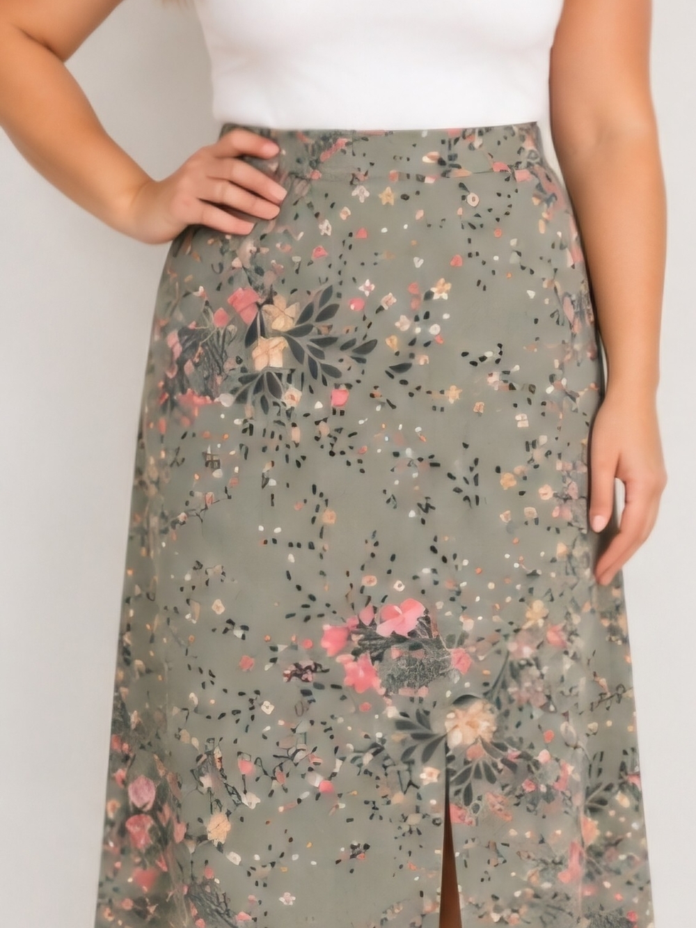 Investments Women’s XL Sage Green Floral Midi Skirt Front Slit Elastic Back